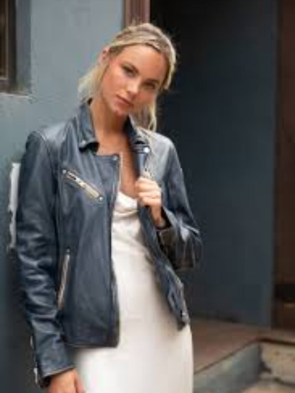 Mauritius  Leather Moto Zip Jacket, Grayish Blue size 10